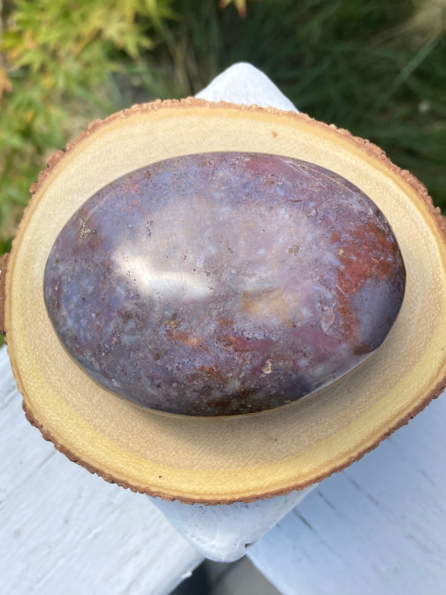 A polished agate palm stone with a smooth, oval shape rests on a round slice of wood with visible tree rings and a natural bark edge. The stone displays a blend of earthy colors, including shades of purple, gray, and reddish-brown, with subtle natural inclusions. The setup is outdoors, with green foliage and grass softly blurred in the background.